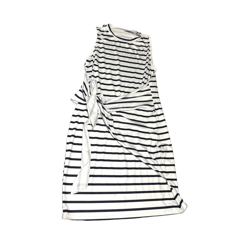 SHEIN Curve Plus 2XL White/Black Striped Sleeveless Round Neck Knee Sheath